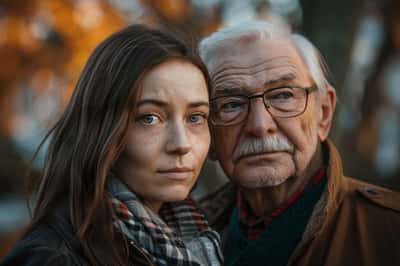Et par med en mærkbar aldersforskel smiler sammen, hvilket repræsenterer et acceptabelt aldersgab i et forhold.