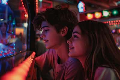 Adolescenti giocano entusiasti ai giochi arcade, luci colorate si riflettono sui loro volti.