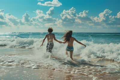 Due adolescenti ridono mentre costruiscono un castello di sabbia su una spiaggia, con le onde che si infrangono dolcemente sullo sfondo.