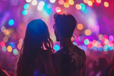 Adolescenti esultano a un vivace concerto, mani alzate, godendosi la musica e l'atmosfera.