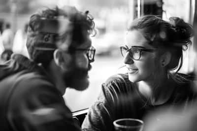 Una coppia in un bar, che alza le mani con eccitazione durante una serata quiz.