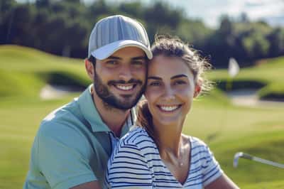 Una coppia che ride mentre gioca a mini-golf, la donna sta per tirare.