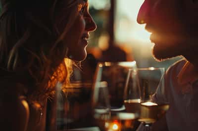 Due persone a un primo appuntamento casuale, che provano inaspettatamente cappelli sciocchi e ridono.