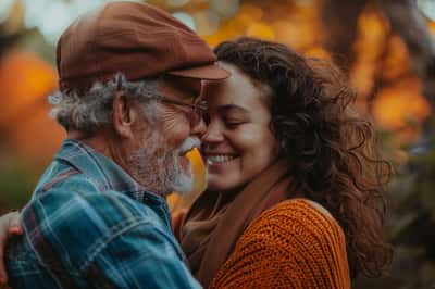Un uomo che tocca delicatamente la mano di una donna sul tavolo, entrambi sorridono.