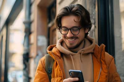 Ruka držící telefon zobrazující mrkající emoji, posílající flirtující zprávu.
