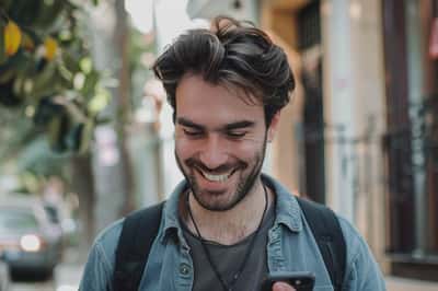 Osoba se srdečně směje, s hravými emoji plujícími kolem hlavy.