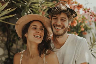 Un uomo sorride calorosamente mentre fa un complimento sincero a una donna, che arrossisce leggermente.