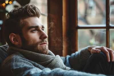 Un uomo guarda con desiderio fuori da una finestra, sentendo la mancanza di una donna che non c'è.