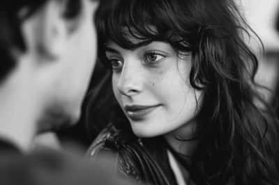 Una donna che osserva discretamente un uomo da lontano, la sua espressione curiosa o ammirata.