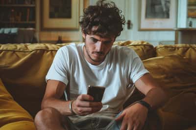 Eine Person lächelt selbstbewusst und ist sie selbst beim Texten, was den Rat widerspiegelt, authentisch zu sein.