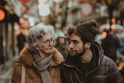 Una coppia che si abbraccia felicemente, celebrando la propria differenza d'età con gioia e affetto.