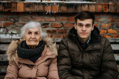 Un uomo più giovane che guida con sicurezza una donna più anziana per mano, mostrando iniziativa.