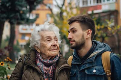 Un uomo più giovane che ascolta rispettosamente una donna più anziana parlare, dimostrando rispetto reciproco.