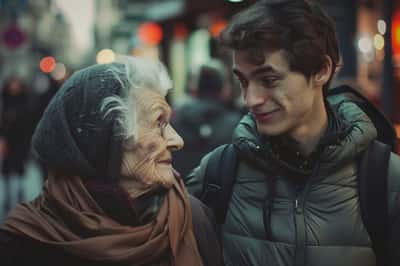 Una donna matura e un uomo più giovane felici che si tengono per mano, camminando insieme, a simboleggiare una relazione fattibile.