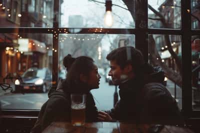 5. Vezmi ji na speciální rande Pár si užívá romantickou večeři, cinká skleničkami vína, s panoramatem města v pozadí.