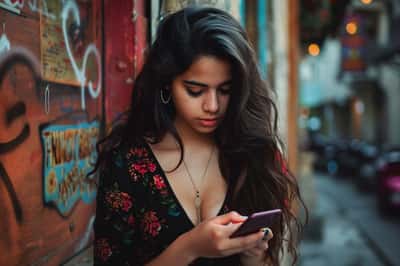 Eine Person, die heimlich auf ihr Handy schaut und das Social-Media-Profil eines Ex betrachtet.